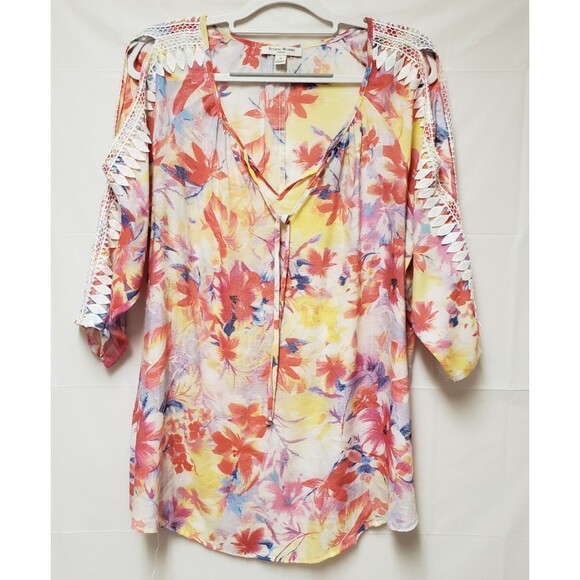 Studio Works Women’s 1X Blouse Multicolor Floral Cold Shoulder Embellished NWOT - Picture 1 of 11